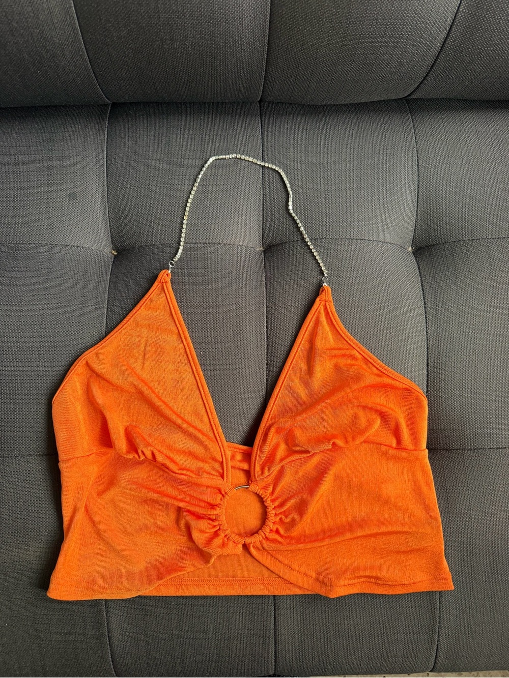 Orange Halter Crop Top with Rhinestone Chain